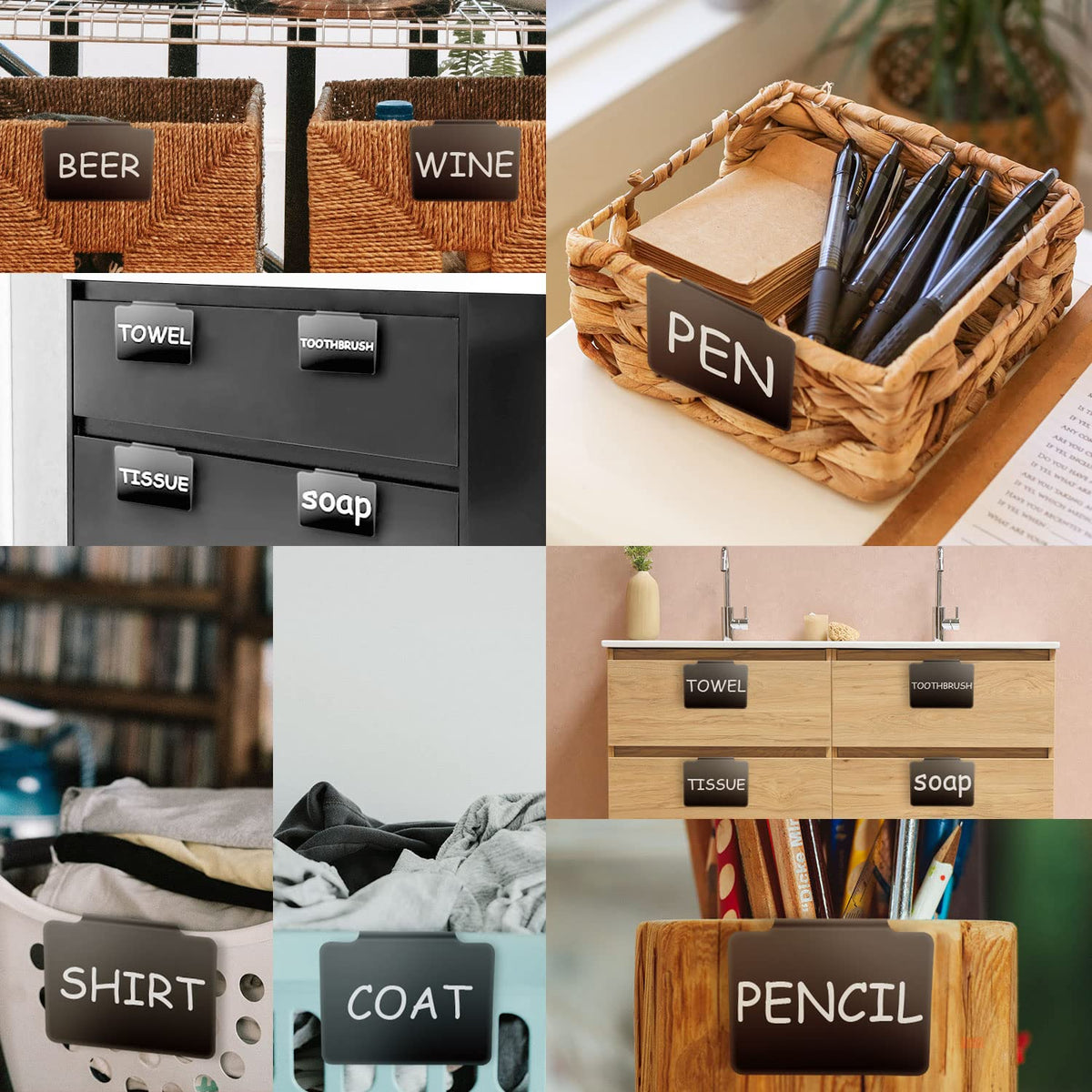 Basket Labels Clip with Plastic Storage Case &3 White Chalk board Markers for 24 Hanging Bins Pantry Organization Removable Small chalkboard Clips label Holder, Home Laundry Fabric Sorting 22PCS