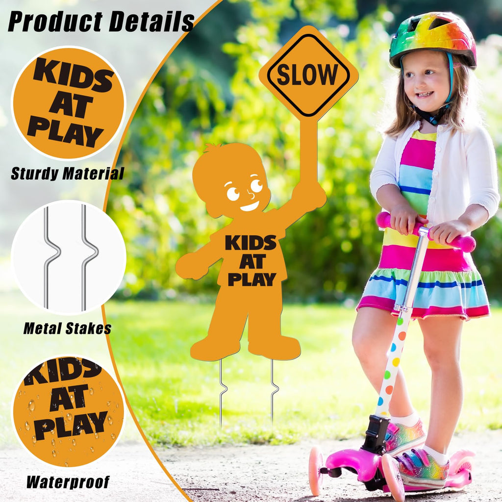 4 Pack Slow Down Kids at Play Signs for Street 16 x 12 Inches Double Sided Children Playing Safety Sign with Metal Stake Neighborhood Street Caution Yard Signs Orange 4