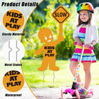 4 Pack Slow Down Kids at Play Signs for Street 16 x 12 Inches Double Sided Children Playing Safety Sign with Metal Stake Neighborhood Street Caution Yard Signs Orange 4
