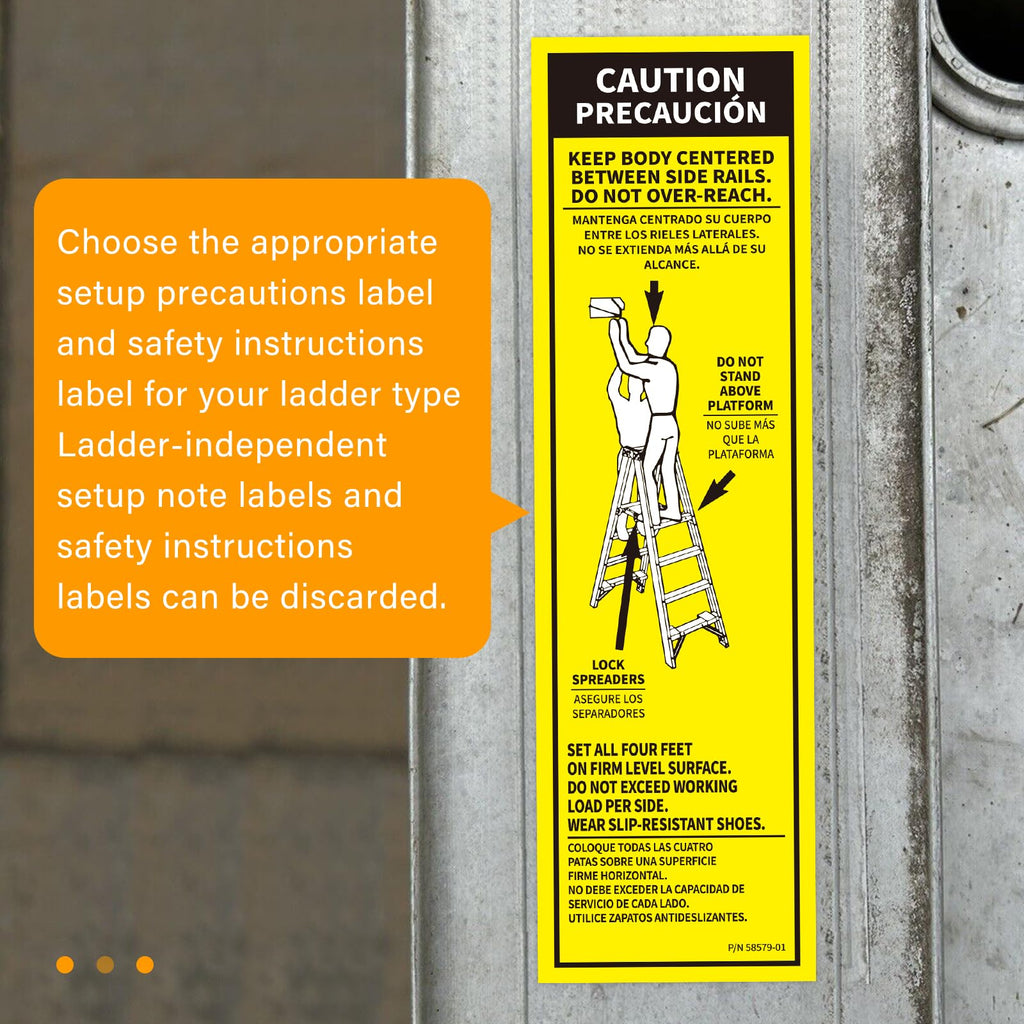 Set of 8 GRONGU step ladder safety label stickers for Werner fiberglass stepladders, including weight and replacement labels.