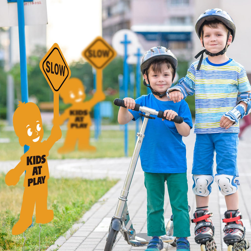 4 Pack Slow Down Kids at Play Signs for Street 16 x 12 Inches Double Sided Children Playing Safety Sign with Metal Stake Neighborhood Street Caution Yard Signs Orange 4