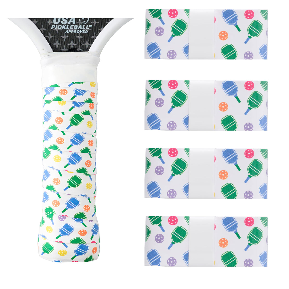 Pickleball Grip Tape with Paddle Pattern Design, Anti-Slip and Absorbs Moisture & Shock, Replacement Grip, Set of 4