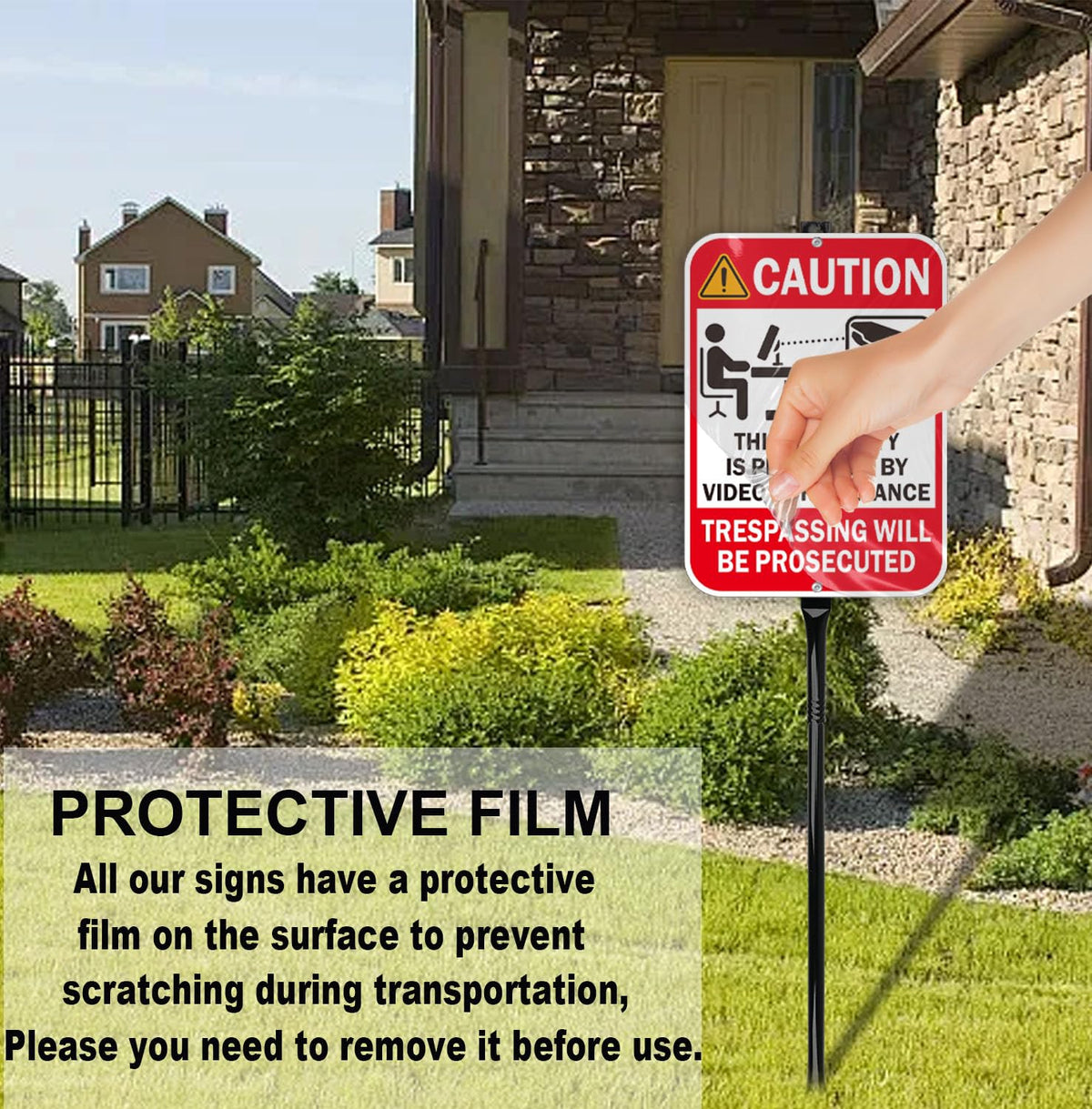 2-Pack Video Surveillance Sign with 35-Inch Metal Stakes, 14x10 Inches Security Warning Signs, 24 Hour CCTV Monitoring, No Trespassing Property Protection Red - 2pack with Stake