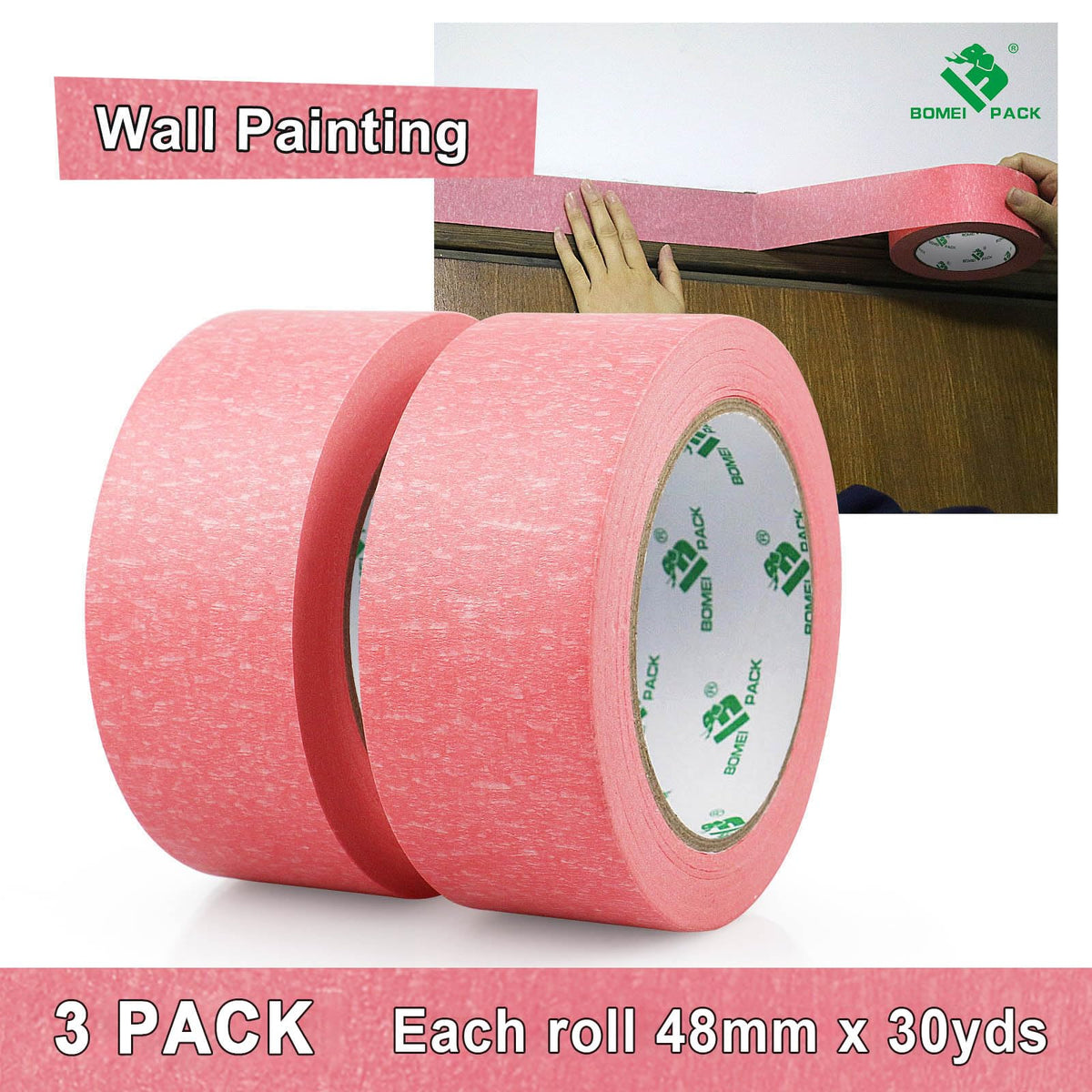 BOMEI PACK 3 Pack Pink Painters Tape, 2inch x 30yds, Premium Painting Masking Tape, Clean Release Paper Tape for Home and Office