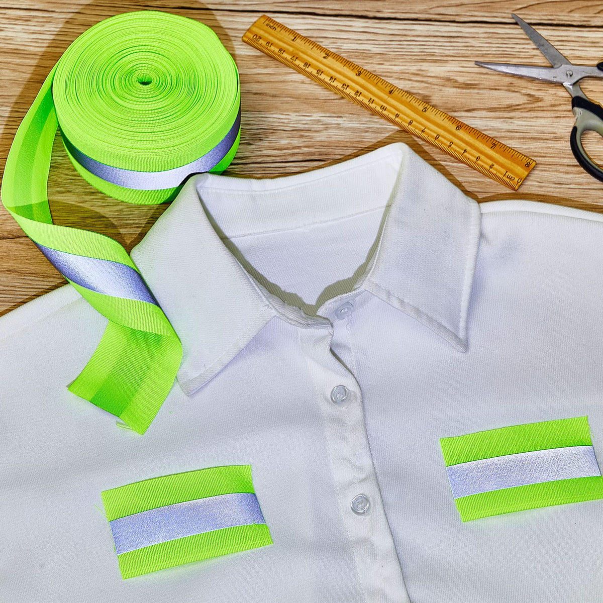 Taiyin 2 Rolls High Visibility Reflective Tape Strip 2'' x 66 ft Sew on Safety Fabric Webbing 2 cm Reflective Width Warning Florescent Safety Tape for Clothes Bags Raincoats(Green) Green