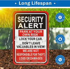 Security Alert Sign Park At Your Own Risk Lock Your Car & Don't Leave Valuables Not Responsible For Theft/Loss/Damages Signs 12x18" For Parking Lot, Business Red / Black / White Señal de Alerta de Seguridad 2 Pack