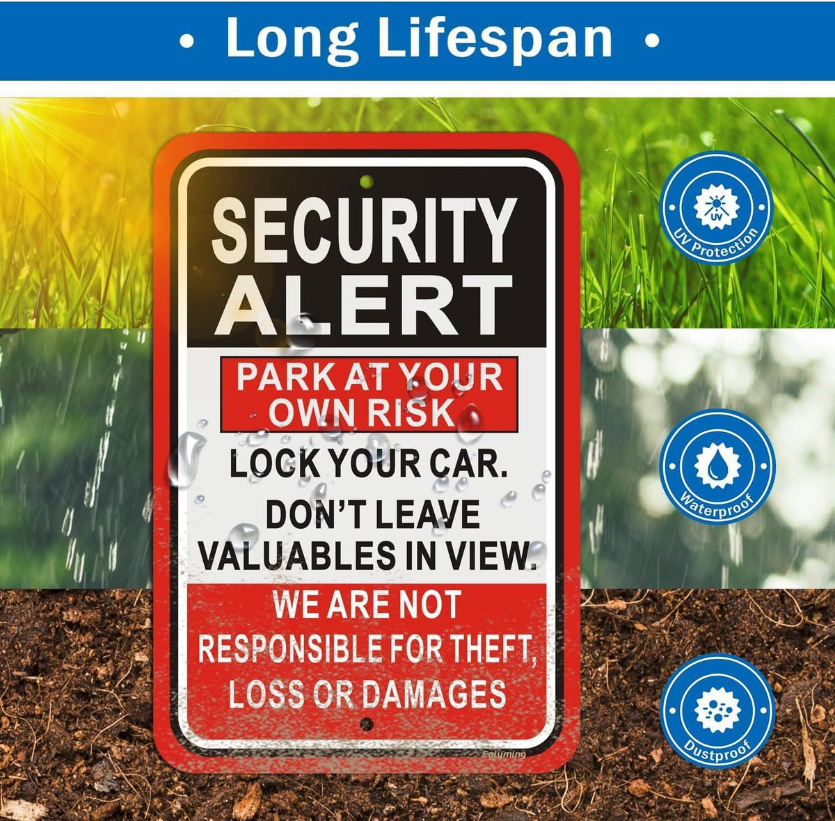 Security Alert Sign Park At Your Own Risk Lock Your Car & Don't Leave Valuables Not Responsible For Theft/Loss/Damages Signs 12x18" For Parking Lot, Business Red / Black / White Señal de Alerta de Seguridad 2 Pack