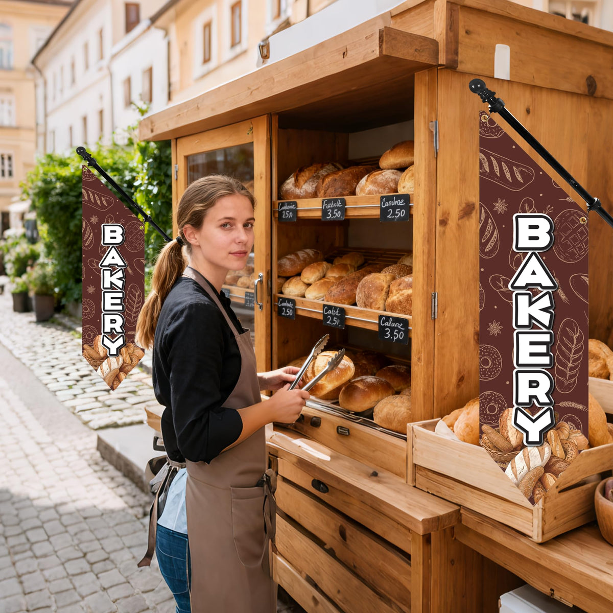 Farm Stand Bakery Flag with Pole Kit – 42x12 Inch Double-Sided Heavy Duty Canvas Banner for Outdoor Cake Shop, Business Sign, Storefront Advertising Decoration(Brown) Brown