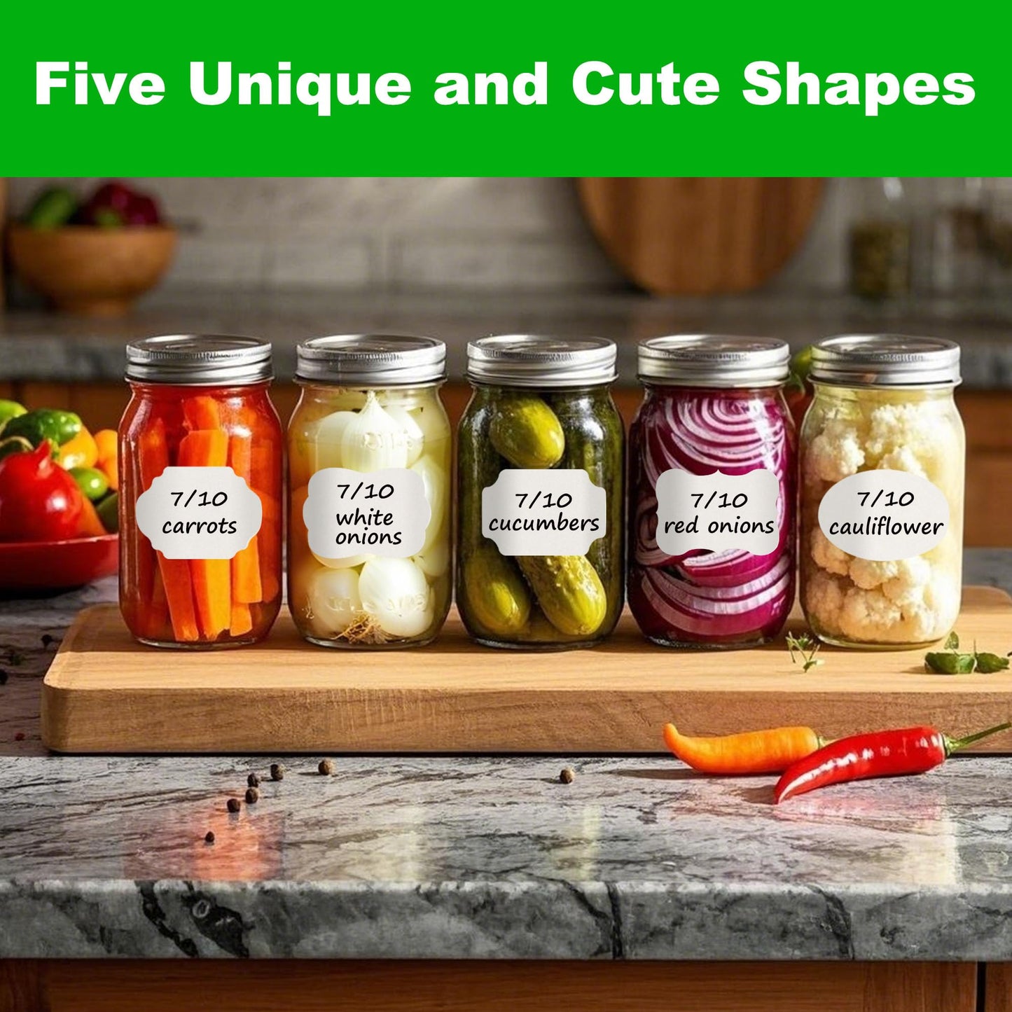 NATURALABEL 200 PCS Shaped Dissolvable Food Labels with Dispenser - 5 Shapes, No Residue, for Mason Jars, Bottle, Meal Prep & Food Storage Containers (1-3/8" x 2")