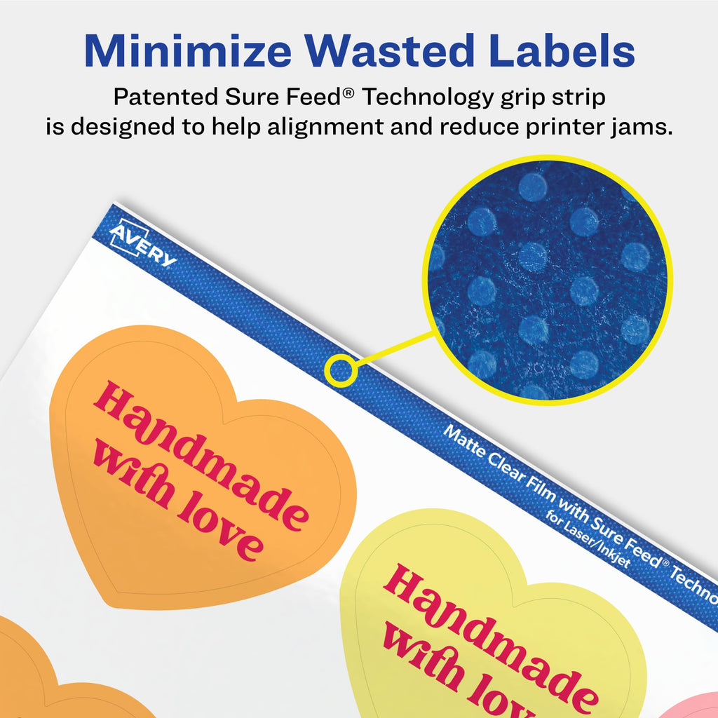 Avery Matte Clear Heart Labels, Sure Feed Technology, 2-9/32" x 1-27/32", 120 Matte Clear Labels, Print-to-The-Edge, Laser/Inkjet Printable 120 labels