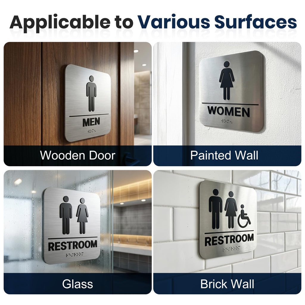 Restroom Sign, ADA Compliant Braille Bathroom Sign, Self-Adhesive Restroom Signs for Business, Men Women Bathroom Signs Ideal for Offices, Hotels, Restaurants, Retail and Residential Spaces, Brushed Aluminum