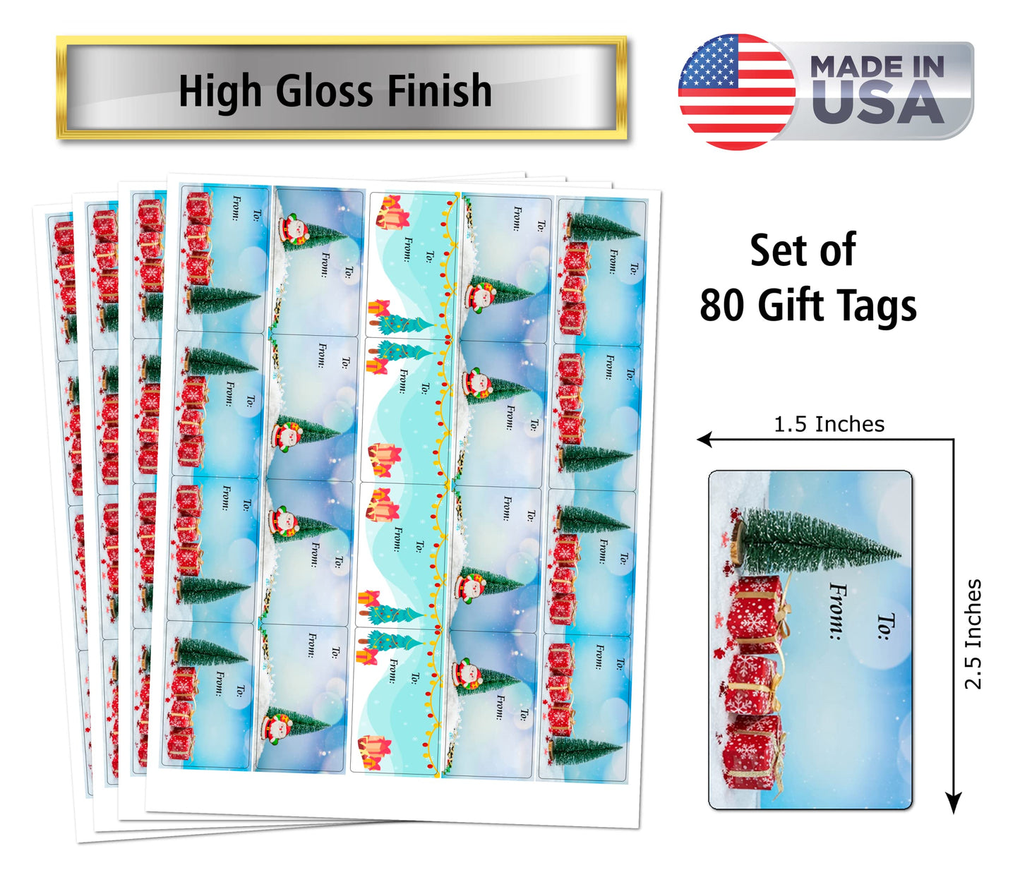 Christmas Tree Gift Tags, Self Adhesive Glossy Stickers, Xmas Present Labels. Set of 80 Labels. to and from Labels. Merry Christmas Made in USA