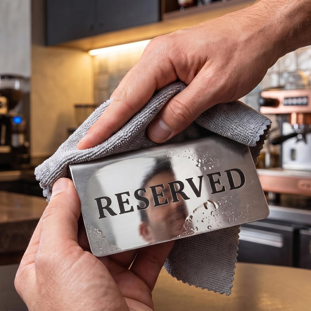 Reserved Table Signs Set of 6 - Heavy Stainless Steel Table Reservation Plates - Durable, Stackable and Waterproof Metal Signs for Restaurants, Hotels, Bars, Cafés, Weddings and Events Design 2