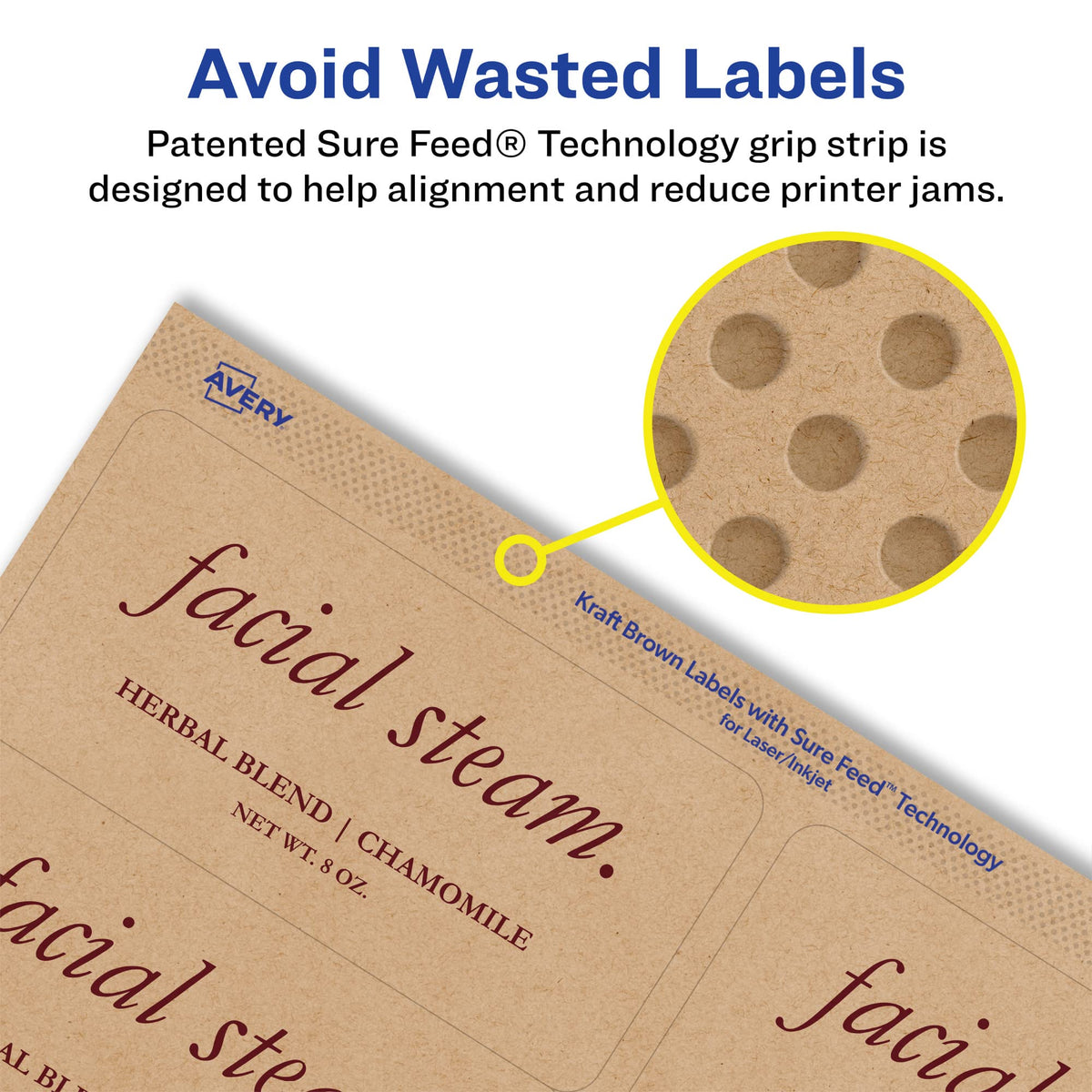 Avery® Kraft Brown Rectangle Labels, Sure Feed® Technology, 2-1/3" x 3-3/8", 150 Kraft Brown Labels, Print-to-The-Edge, Laser/Inkjet Printable 150 labels