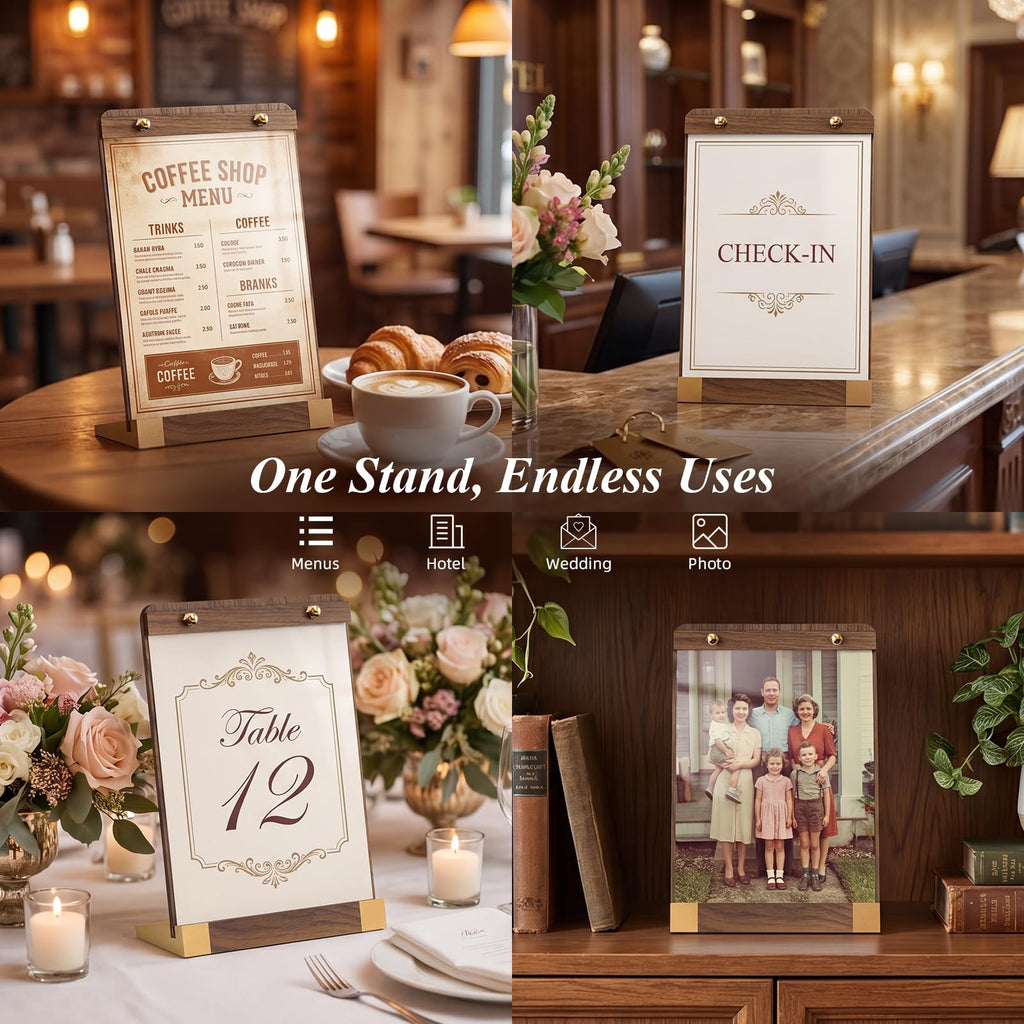 PPH-Sisy 4 Pack Acrylic Sign Holders 4x6 with Wood Base, Tabletop Display Sign Stand for Menu Flyer Poster, Clear Acrylic Paper Frame for Restaurant Coffee Shop Hotel Office Exhibition 4x6-4 Pack