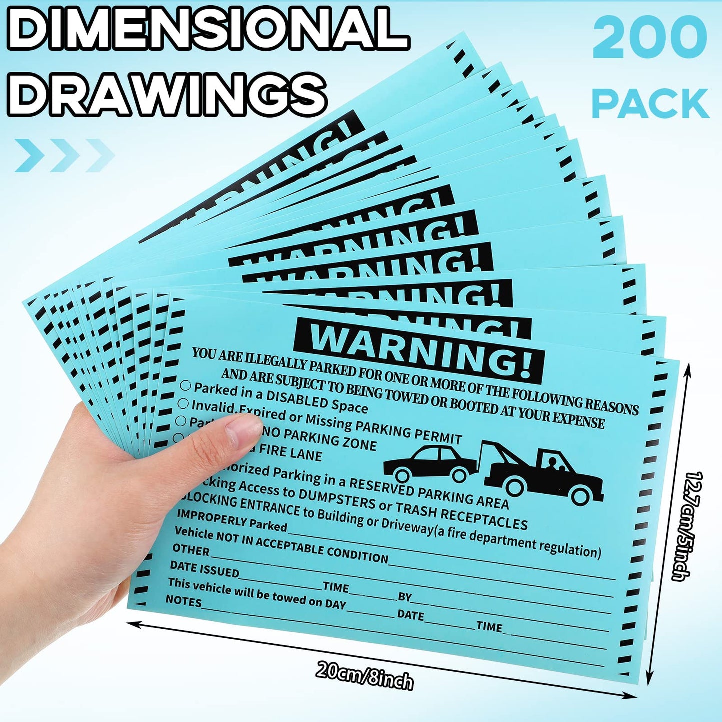 Crtiin 200 Pcs Adhesive Parking Violation Stickers Illegally No Parking Stickers Handicap Tickets Hard to Remove Towing Sign Notice Towing Tag Fluorescent Labels for Car Vehicle Truck(Blue) Blue
