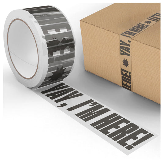 Printed Packing Tape for Small Business - Cool Decorative Designer Packaging and Shipping Tape - 1.88" x 110 Yards (330 feet) - Cute Yay, I'm Here! Clear Black Yay, I'm Here! - Clear/Black
