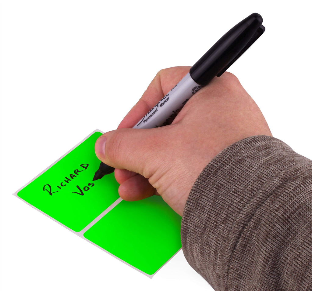 ChromaLabel fluorescent green 2x3 inch name tag stickers, color-coding labels, 150 per pack, ready for organization or identification purposes.