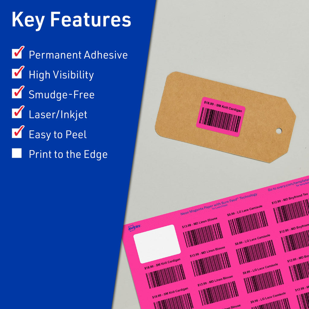 Avery® Printable Rectangle Labels, Sure Feed® Technology, 1-1/4" x 1-3/4", Neon Magenta Labels, Laser/Inkjet Printable, 640 Total, Great for Jars and More 640 labels