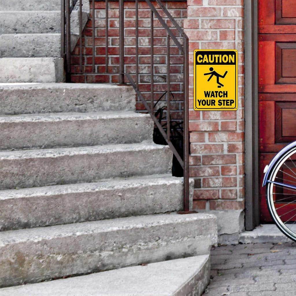 (4 Pack) Caution Watch Your Step Sign Safety Sign, 10 x 7 Inches rectangle, .040 Rust Free Aluminum, UV Protected and Waterproof, Weather Resistant, Durable Ink, Easy to Mount