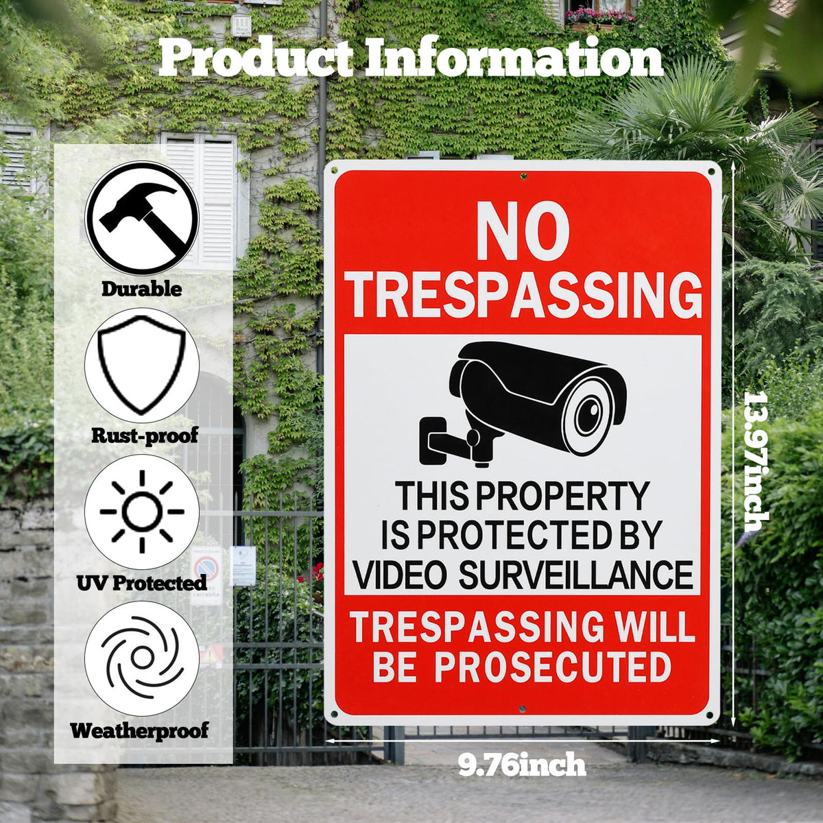 4 Pack No Trespassing Signs Private Property Video Surveillance Sign 14x10 Inches Reflective Aluminum Security Camera Signs Warning for Outdoor Indoor Yard 4
