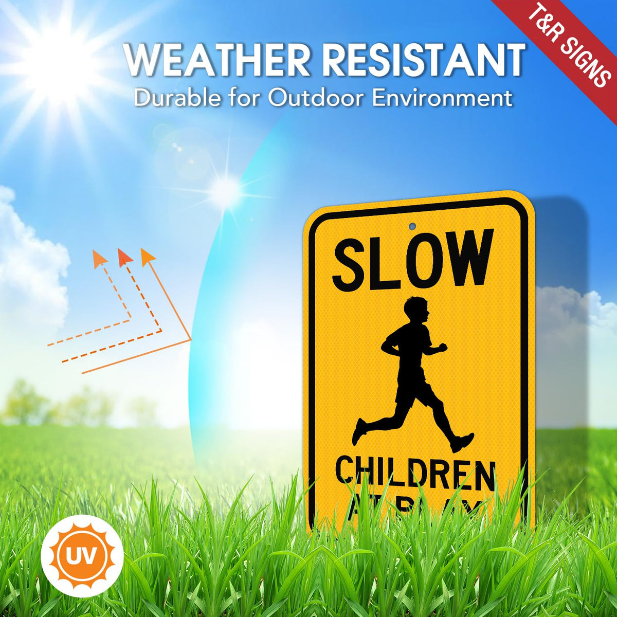 T&R (2 Pack) Slow Down Children At Play Sign, 18" x 12" Engineer Grade Reflective Sheeting, Rust Free Aluminum, Weather Resistant, Waterproof, Fade Resistant, 2 Pre-drilled Holes 18" x 12" - 2 Pack - Slow Down Children At Play
