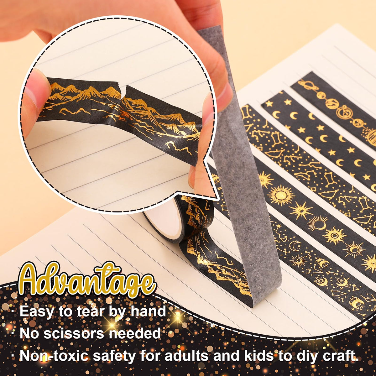 Whaline 12 Rolls Gold Foil Galaxy Washi Tape Black Gold Sun Moon Star Masking Tape Set Decorative Wrapping Paper Tapes for Scrapbook Journal DIY Art Crafts