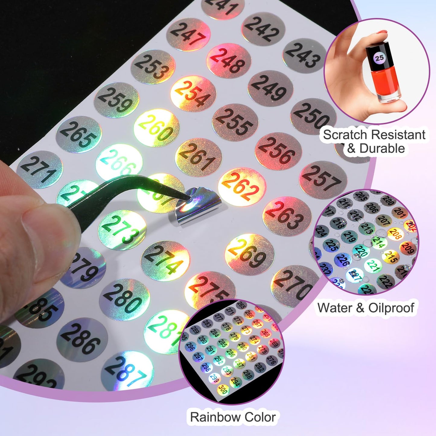 simarro 20 Sheets Number Stickers (Numbers 1-300), Self Adhesive Label Laser Stickers Waterproof Round Number Labels for Office Supplies, Organizing Nail Polish Bottles