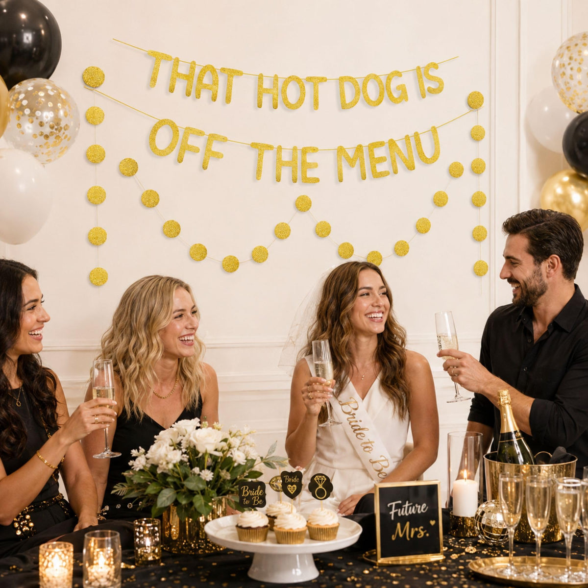 That Hot Dog Is Off The Menu Banner, Gold Glitter Bachelor Party Decor