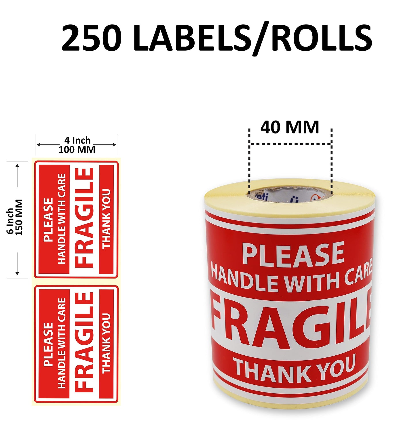 Fragile Stickers 4 x 6 Inch, for Shipping, Moving and Packing, Please Handle with Care Fragile Thank You Do Not Drop, Warning Stickers Fragile Labels, Permanent Adhesive 250 Labels, 1 Roll