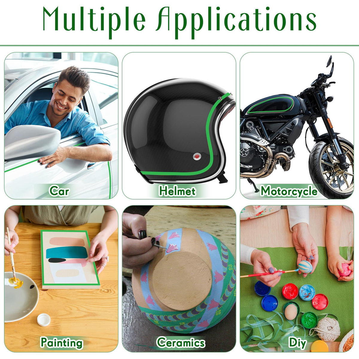 Nezyo 6 Pcs Vinyl Pinstripe Tapes Masking Painter Tapes High Temperature Low Tack Automotive Car Paint for Easy Removal Trim Thin Finishing Masking (Green,1/16, 1/8,1/5,1/4,1/2, 3/4 Inch) Green 1/16, 1/8,1/5,1/4,1/2, 3/4 Inch