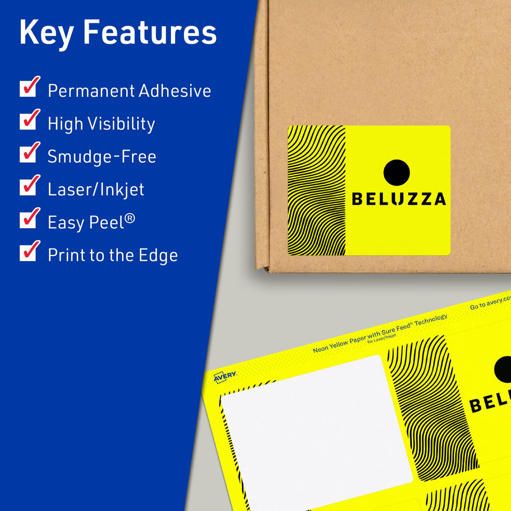 Avery® Printable Rectangle Labels, Sure Feed® Technology, 4-3/4" x 3-3/4", Neon Yellow Labels, Print-to-The-Edge, Laser/Inkjet Printable, 160 Total, Great for Shipping and Packaging 160 labels