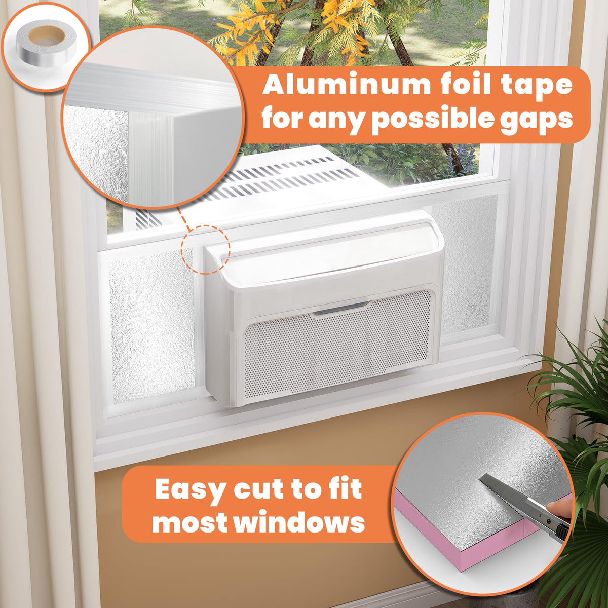 GCGOODS Window Air Conditioner Insulated Foam Panels with Double-Sided Aluminum Foil, Indoor & Outdoor Surround Insulation Side Panel with Top Seal Tape for Window AC Unit, Reflected Light & Heat