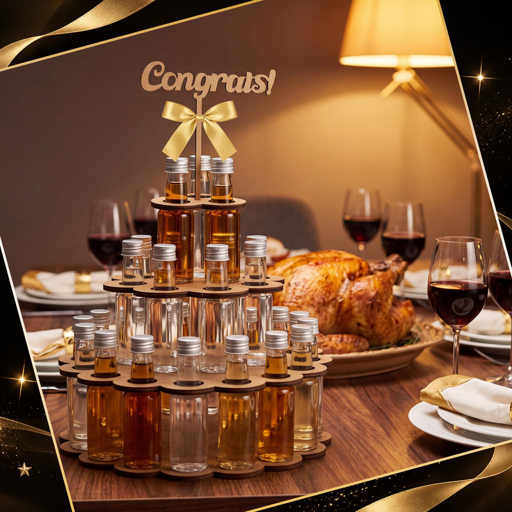 Mini Liquor Bottle Cake Wood Shelf Party Centerpiece Display, Gold