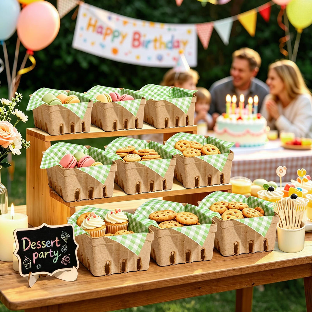 16 Set Farmers Market Decorations Natural Pulp Fiber Berry Baskets Kit with Deli Paper Sheets Bamboo Forks Mini Chalkboard Signs for Farm Stand Strawberry Blueberry Fruit Vegetable Grocery & Party Natural Green 16
