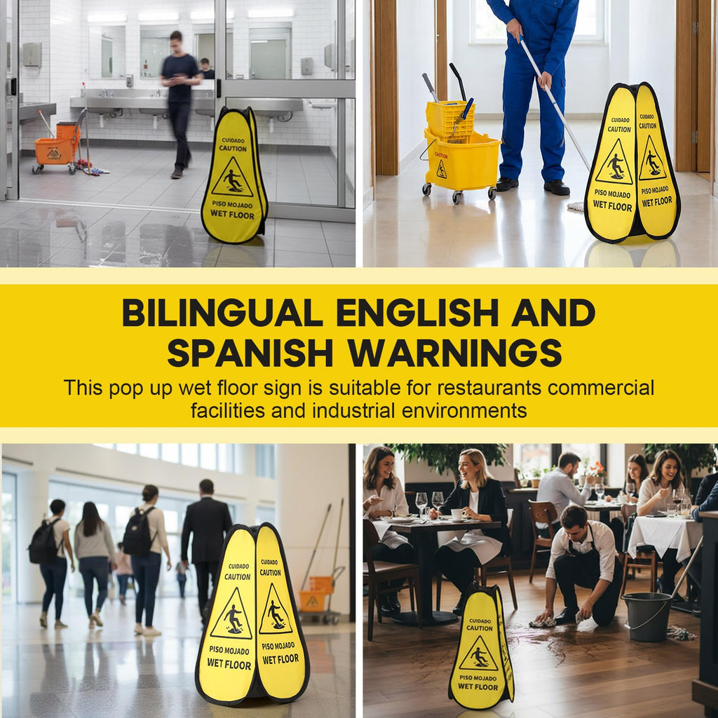 Sabary 6 Pcs 24 Inches Pop up Wet Floor Sign Yellow 4-sided Foldable Bilingual Caution Wet Floor Sign Safety Warnings Caution Cone for Commercial Office Stores Grocery Restaurant Indoors & Outdoors