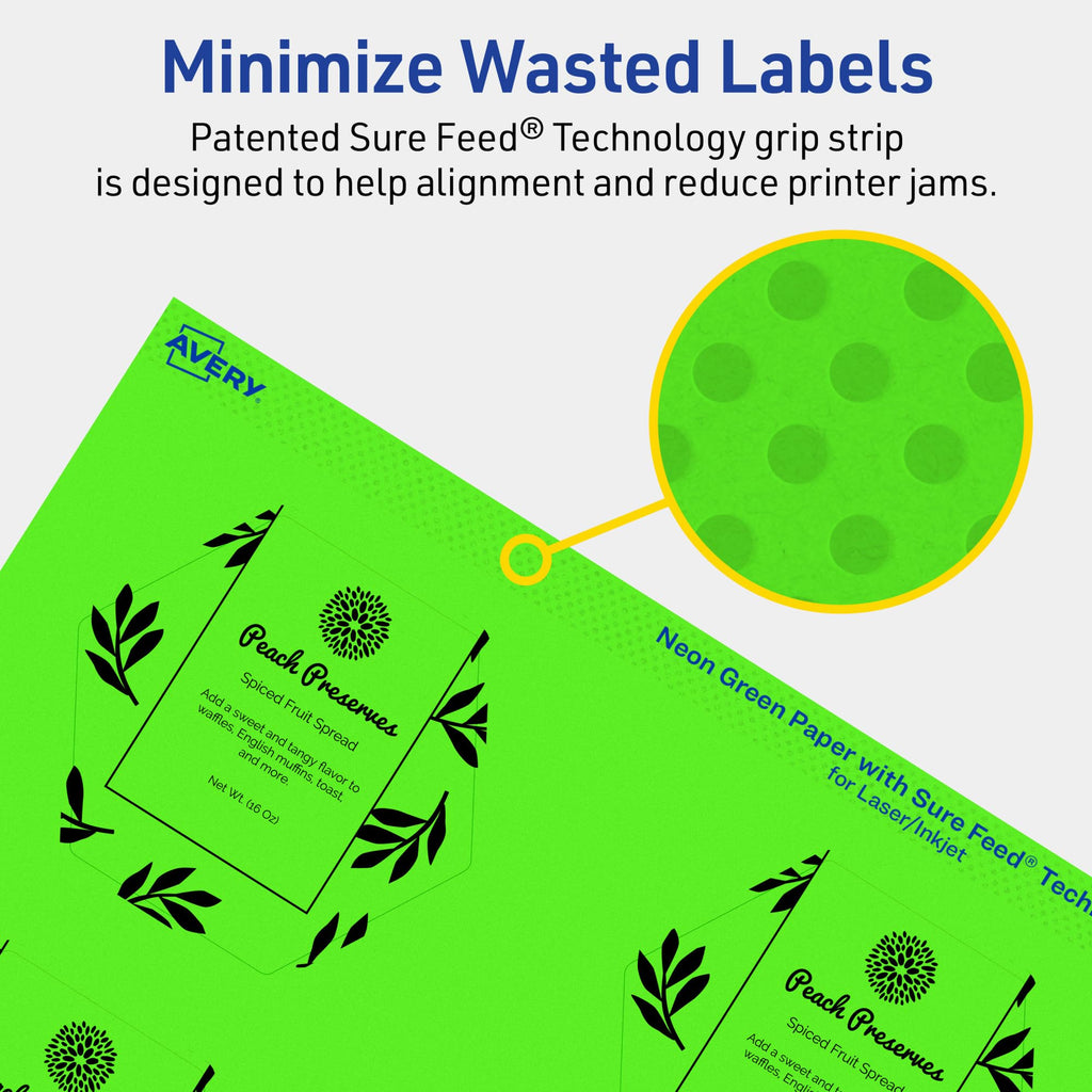 Avery Printable Hexagon Labels, Sure Feed Technology, 2-1/2" x 2-57/64", Neon Green Labels, Print-to-The-Edge, Laser/Inkjet Printable, 120 Total, Great for Cosmetics and Jars 120 labels