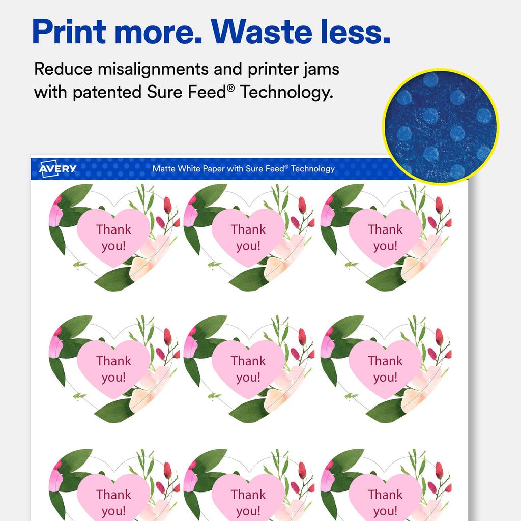 Avery Matte White Heart Labels, Sure Feed Technology, 2-9/32" x 1-27/32", 1,200 Matte White Printable Labels 1,200 labels
