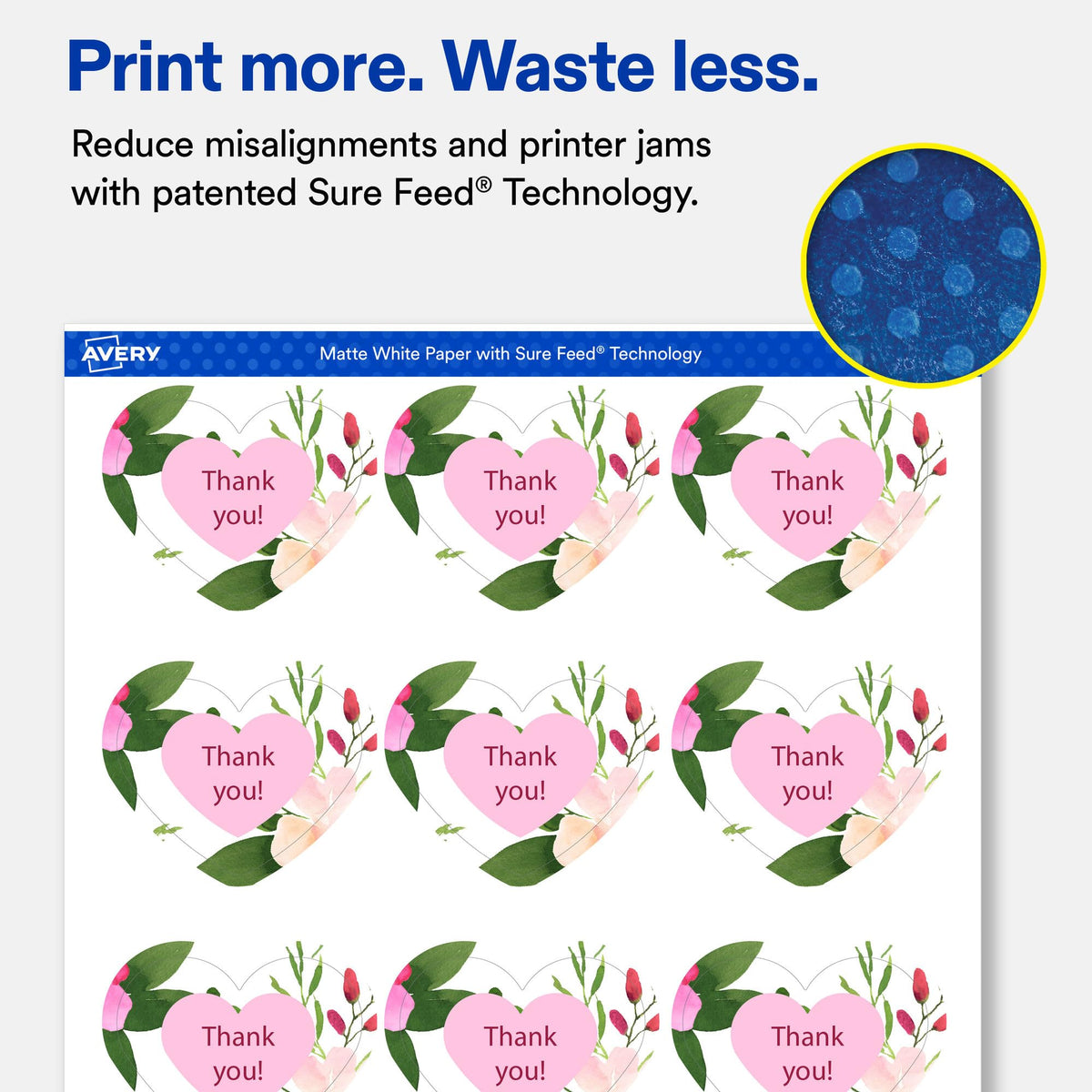 Avery Matte White Heart Labels, Sure Feed Technology, 2-9/32" x 1-27/32", 1,200 Matte White Printable Labels 1,200 labels