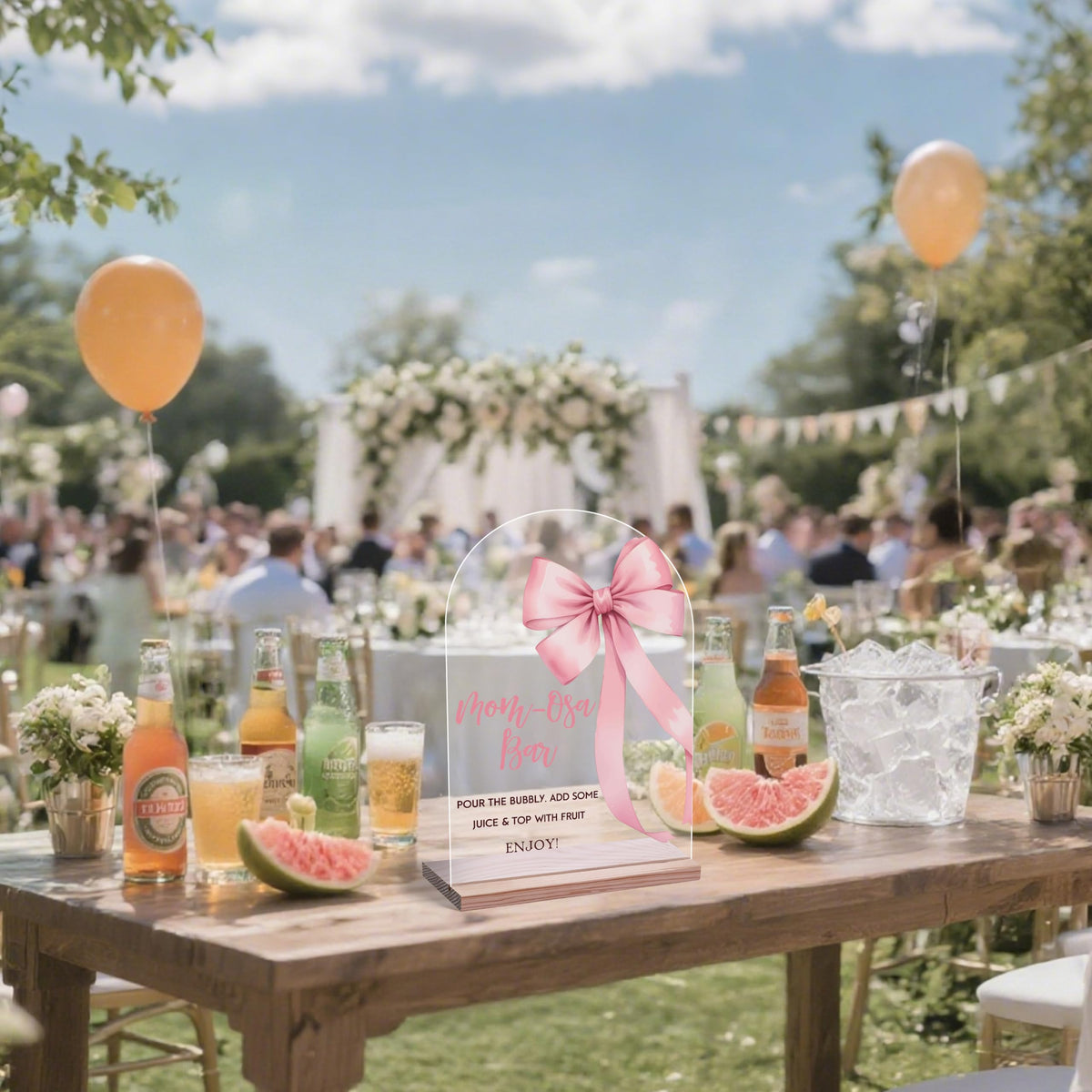 Bow Mimosa Bar Signs, Pink Bow Mimosa Bar Decor Supplies, Acrylic Brunch Dessert Buffet Table Decor, Baby Shower Gender Reveal Party Signs -a11