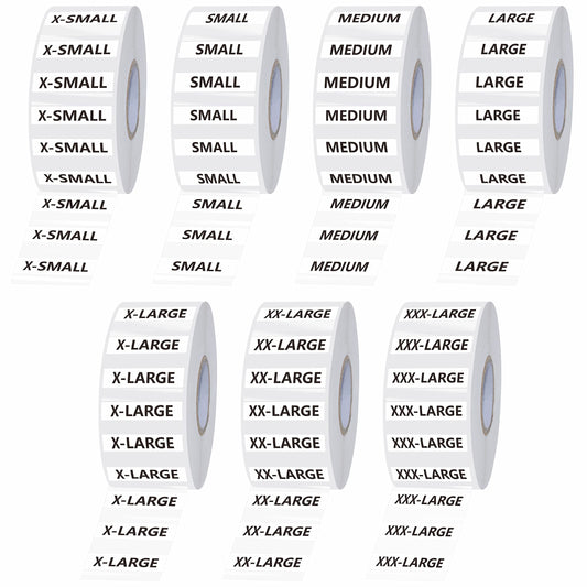 1750 PCS Clear Clothing Size Strip Labels, Tear-Resistant, Residue-Free, Black and White Fonts, 250 Strips Per Roll (7 Rolls, 1.25" X 5") Clothing Size Strip Labels - Bopp Materials （1.25" X 5"）
