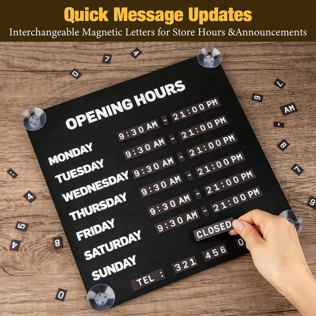 Magnetic Business Hours Sign for Glass Doors,Store Opening Hours Board Reusable Changeable Open Closed Schedule Sign with 2 Magnetic Number for Shop Cafe Salon Office BLACK-Business