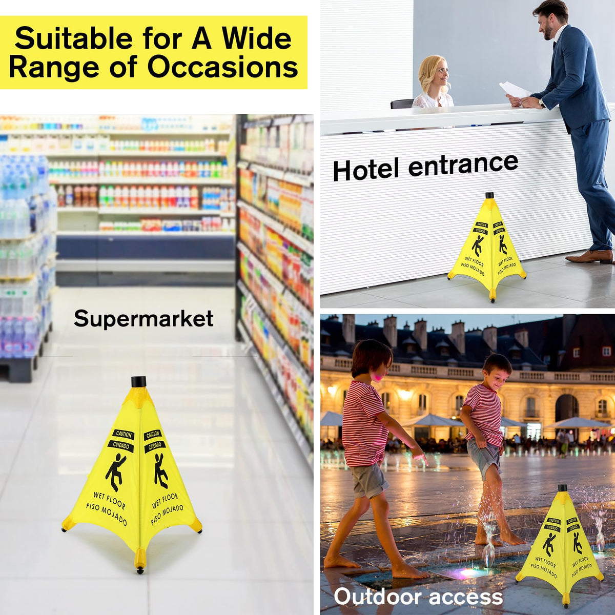Ceenna 2 Pcs 19.5 Inch Wet Floor Sign Pop-up Safety Cone with Storage Tube Wet Floor Symbol Yellow Warning Sign for Retail, Grocery, Office, Cinema, Restaurant, Mall