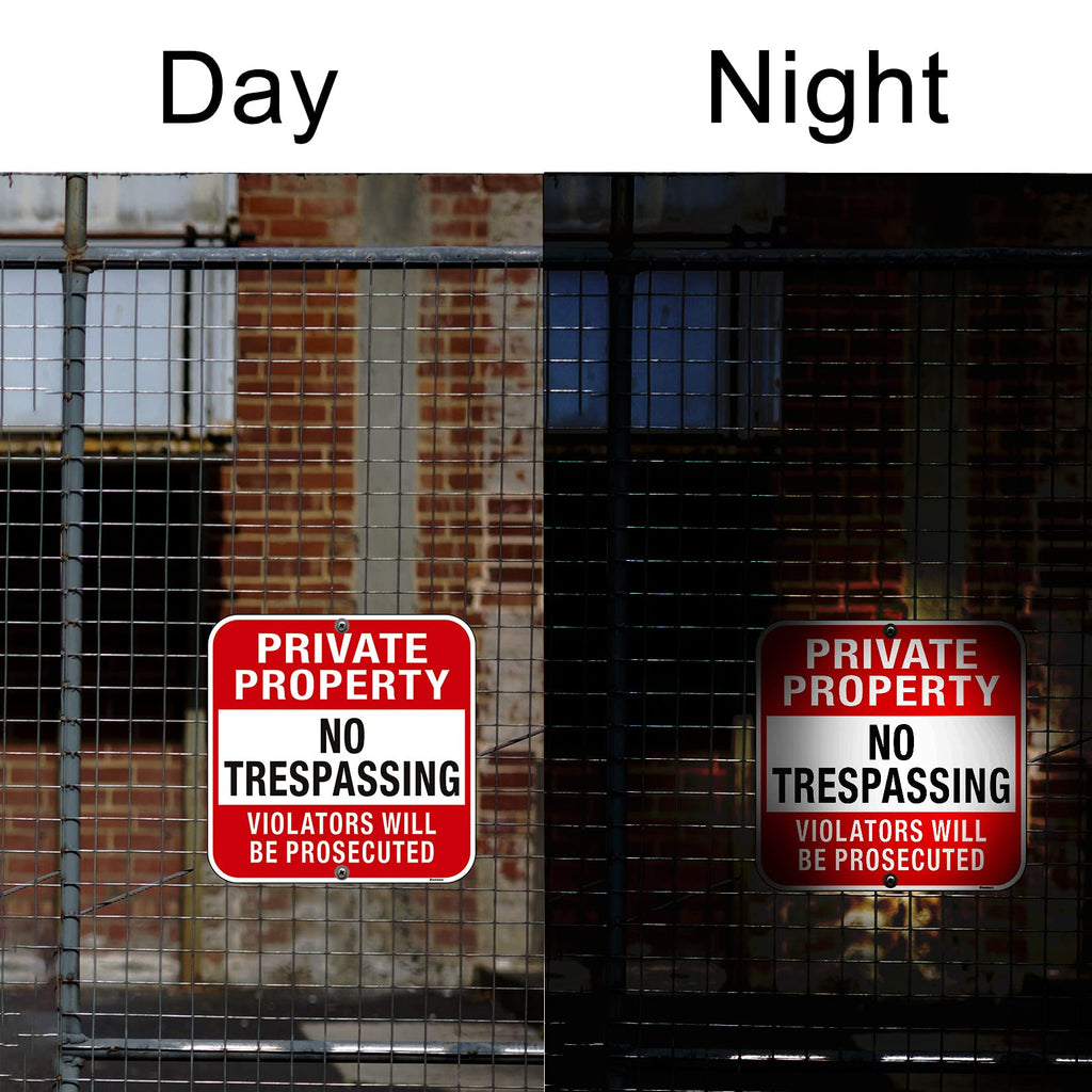 Large (4 Pack) Private Property No Trespassing Sign, 12x12 Inches Metal Heavy Duty Reflective Aluminum, Violators Will Be Prosecuted, Weatherproof Up to 7 Years Outdoor 12x12 Inch 4-Pack
