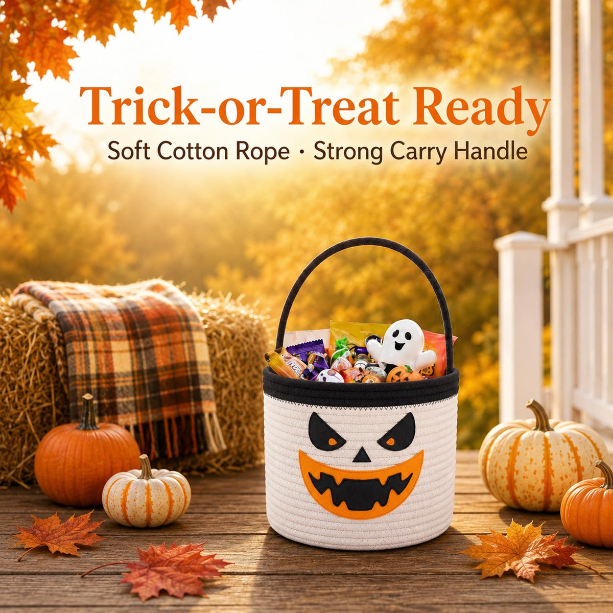 Halloween Trick or Treat Basket, White Ghost 9.4×7.5 in