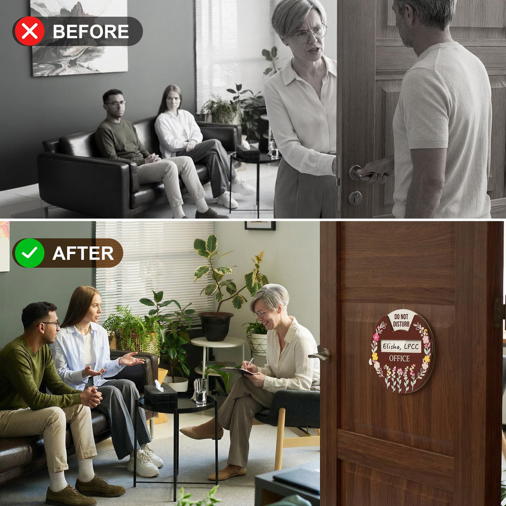 Office Door Signs, Do Not Disturb, In a Meeting, Come on In, Please Knock, On Break, Custom Rotating Wheel Sign with 6 Busy Statuses & Personalized Nameplate, Wooden Privacy Spinner Available and Away for Therapy & Home Office Brown Design 01