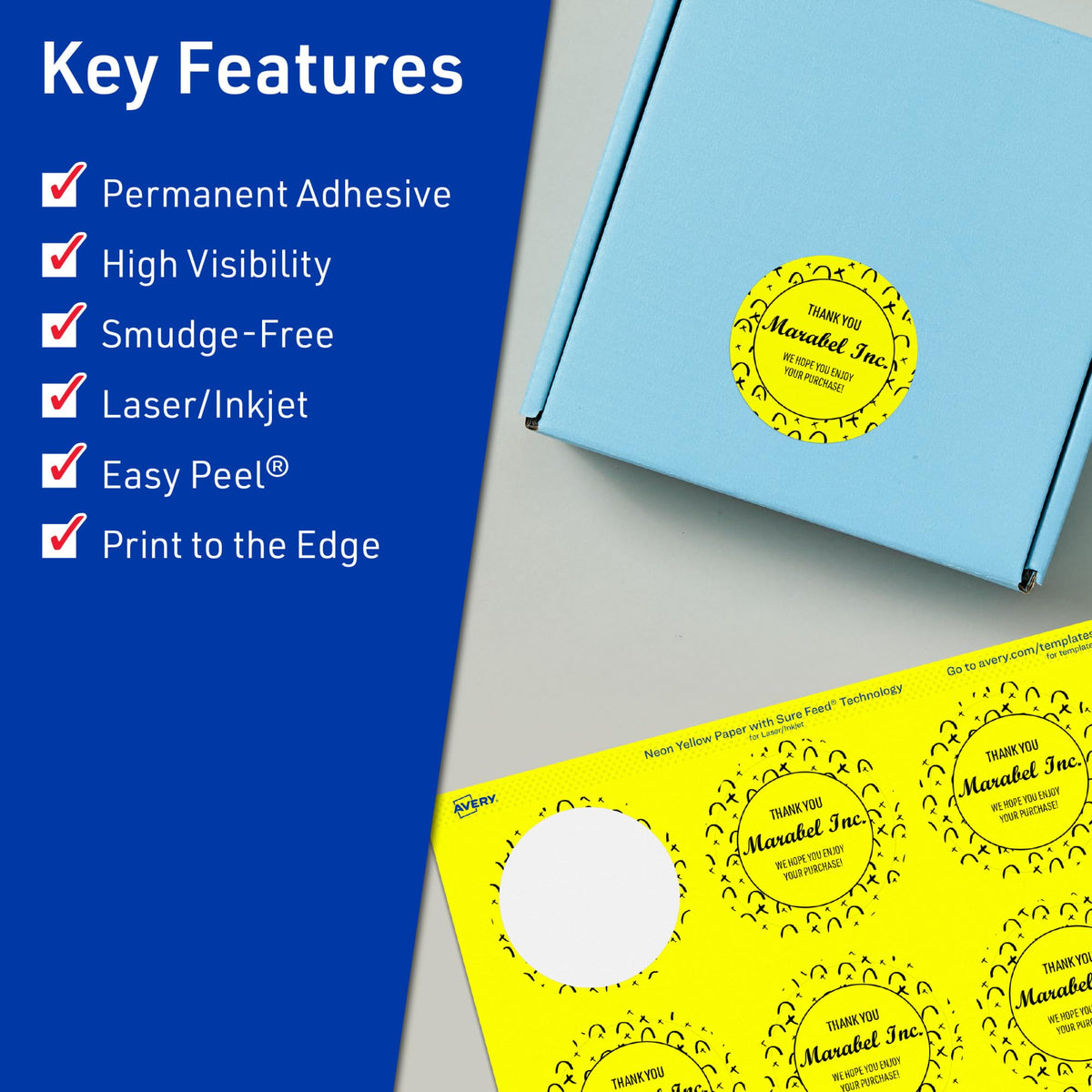Avery Printable Round Labels, Sure Feed Technology, 1-3/4" Diameter, Neon Yellow Labels, Print-to-The-Edge, Laser/Inkjet Printable, 400 Total, Great for Stickers and Candles 400 labels