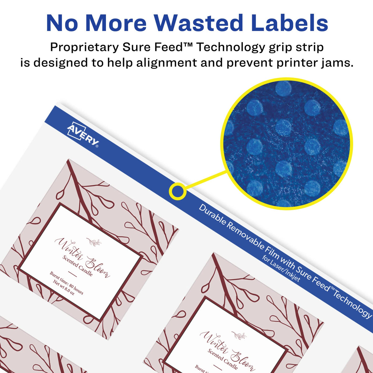 Avery® Durable Removable Square Labels, Sure Feed® Technology, 2" x 2", Matte White Film, Water-Resistant, Print-to-The-Edge, Laser/Pigment-Based Inkjet Printable, 96 Total 96 labels