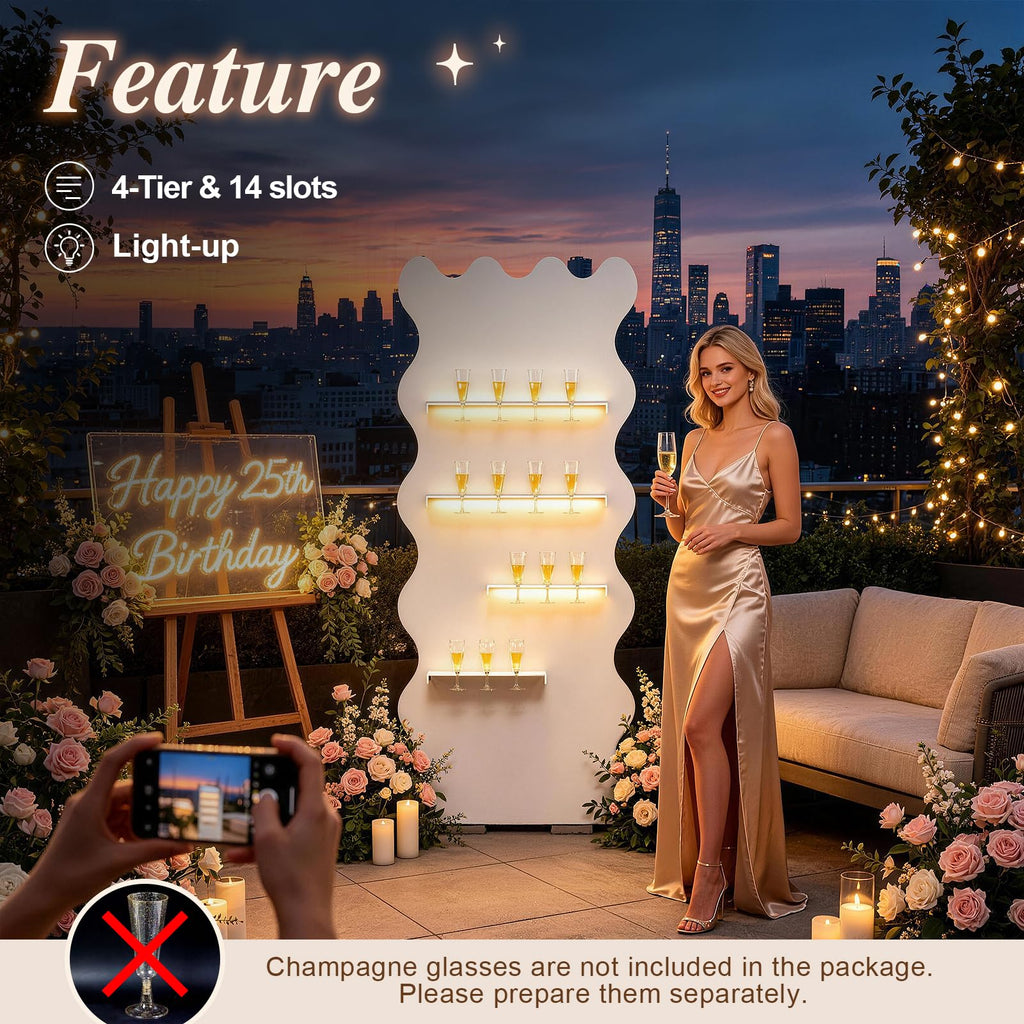6FT Champagne Wall Holder with LED Light, Party Birthday Event Décor, Wavy Arch 6FT(180cm)