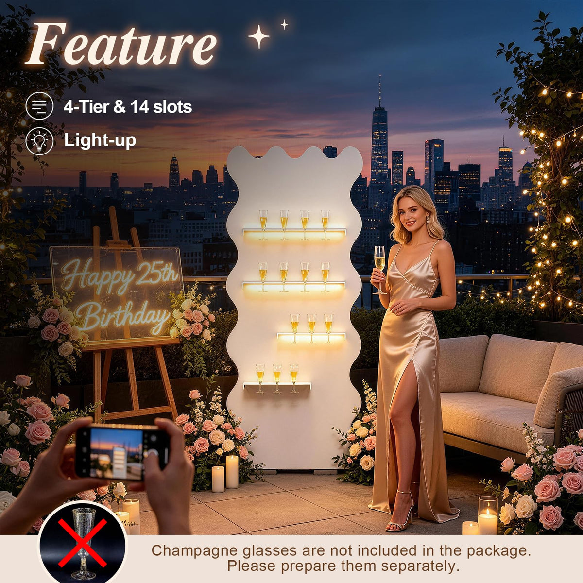 6FT Champagne Wall Holder with LED Light, Party Birthday Event Décor, Wavy Arch 6FT(180cm)